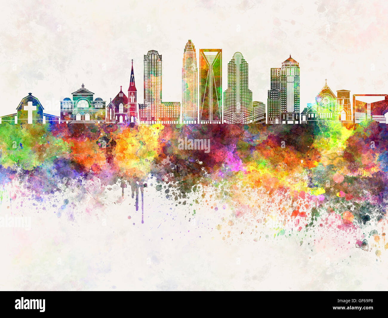 Skyline von Charlotte in Aquarell Hintergrund Stockfoto