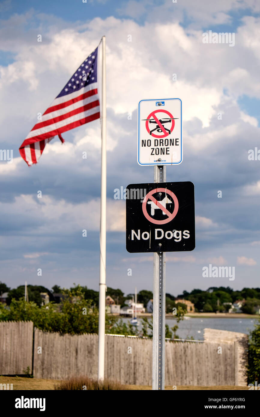 "Keine Drohne Zone" und "Hunde" zu unterzeichnen, im Wohngebiet von Boston, Massachusetts, USA Stockfoto