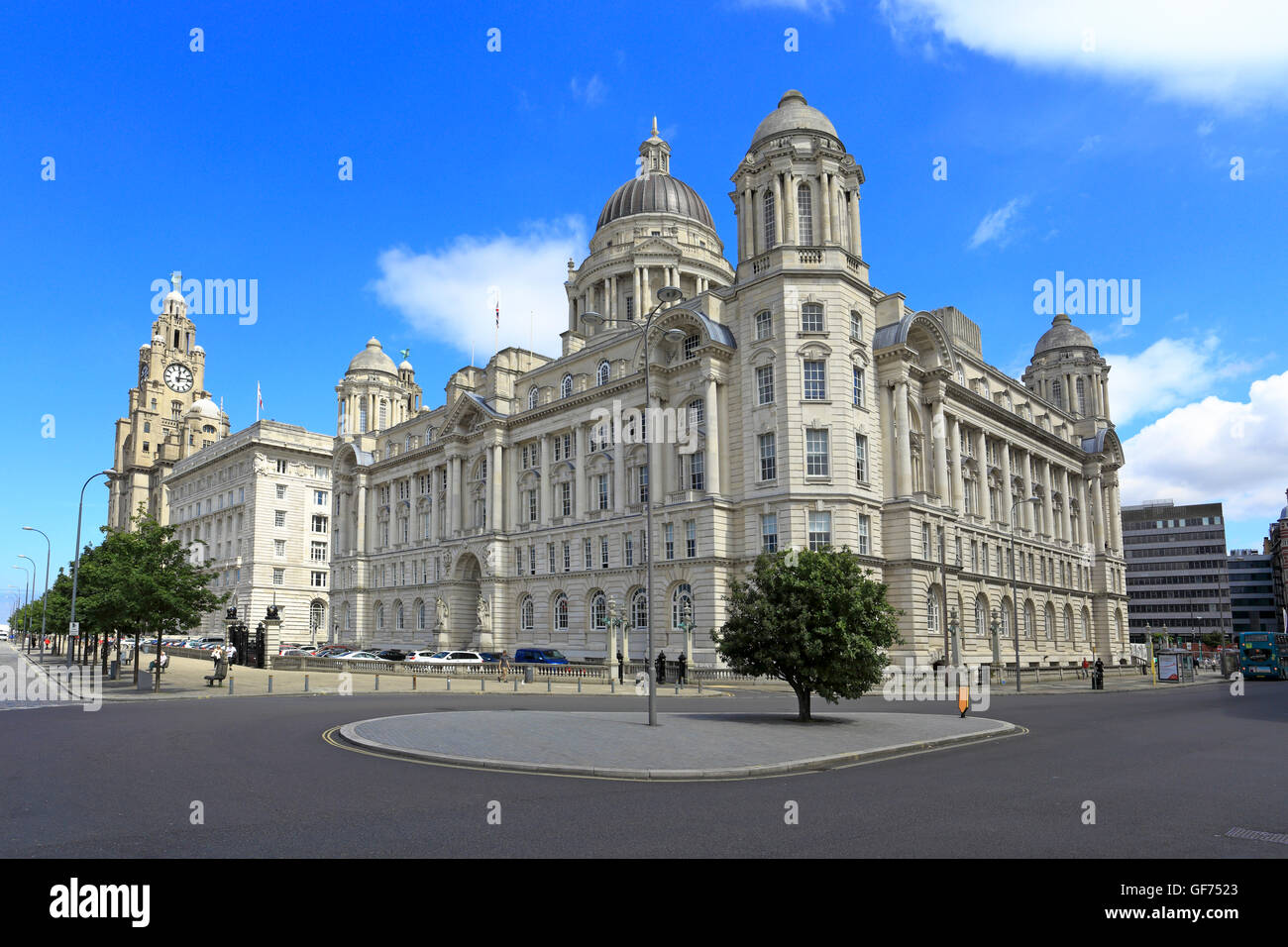 Die drei Grazien, königlichen Leber, Cunard und Port of Liverpool Building, Pier Head, Liverpool, Merseyside, England, UK. Stockfoto