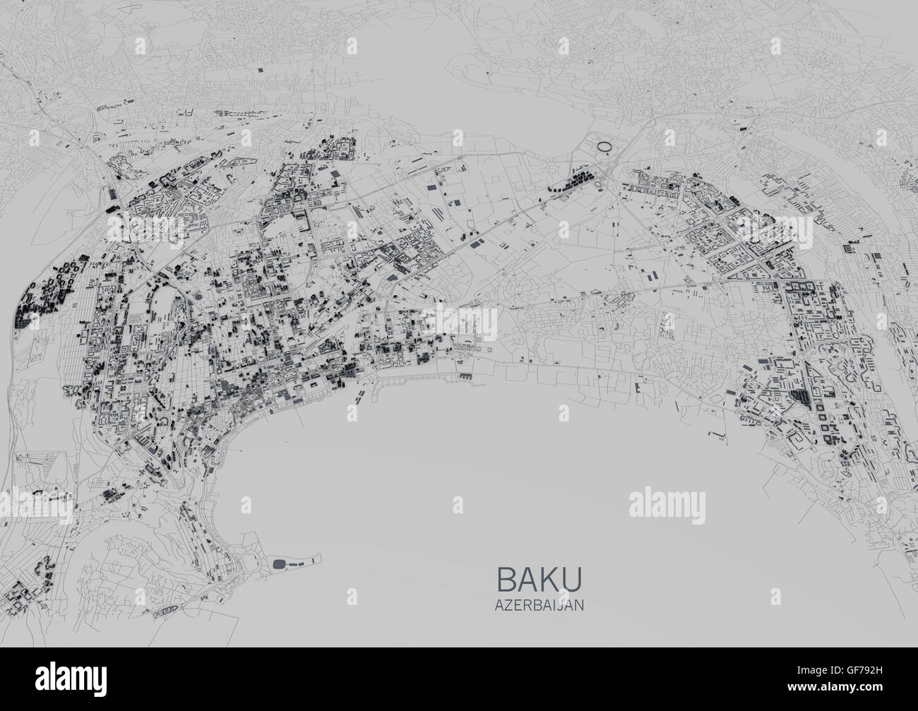 Satelliten-Ansicht der Stadt von Baku, Karte, Aserbaidschan. 3D-Rendering Stockfoto
