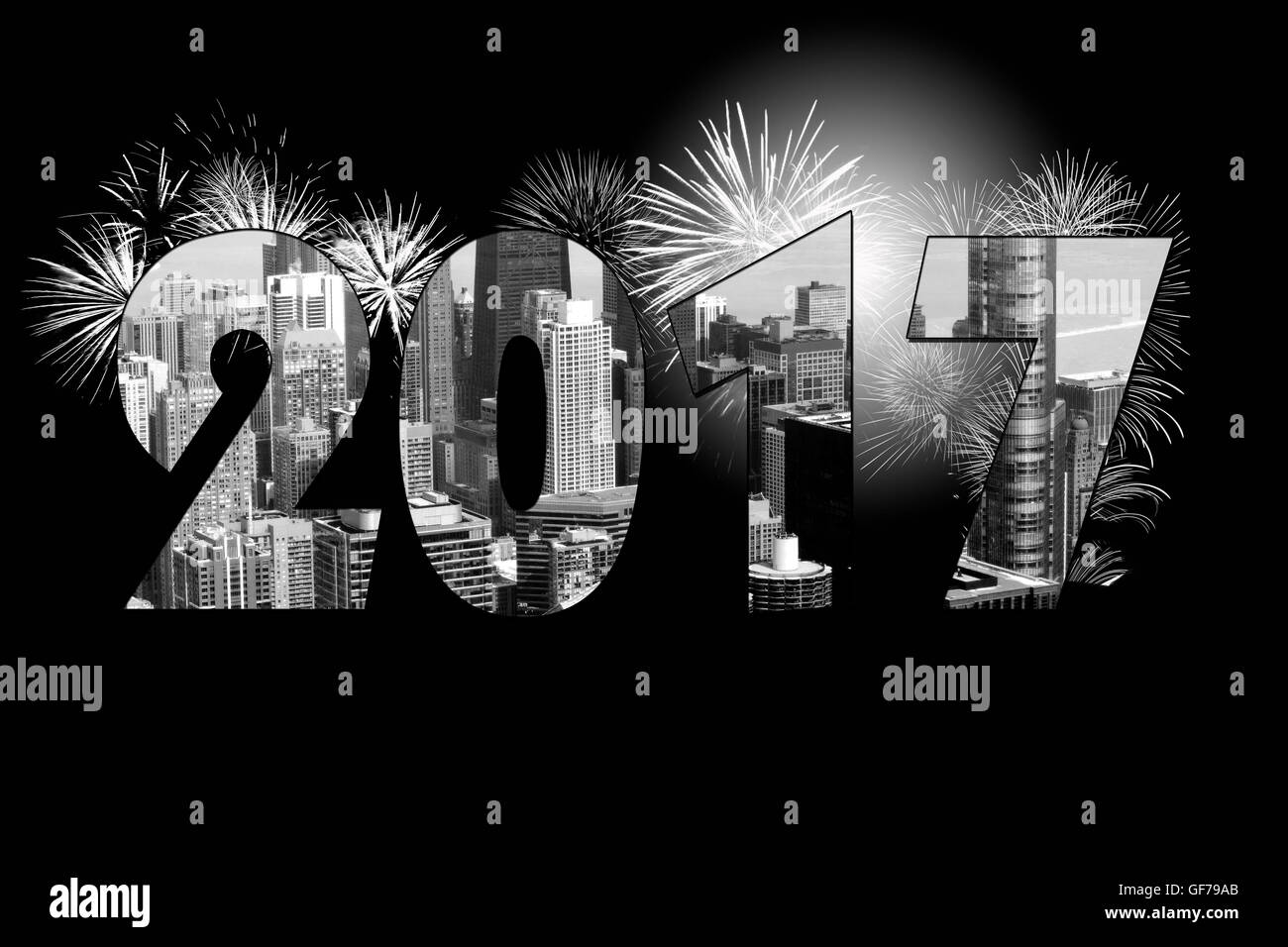 Neue Jahr 2017 Feuerwerk mit Chicago Stadtbild auf schwarz. Stockfoto