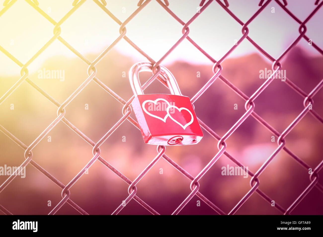 Zwei Herzen auf Liebe Schließfächer auf dem Zaun mit rosa Farbton und weichen Licht Stil Stockfoto