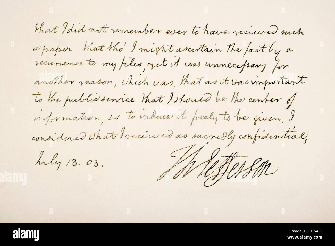 Thomas Jefferson, 1743-1826. 3. Präsident der Vereinigten Staaten von Amerika.  Hand-Arbeitsprobe. Stockfoto