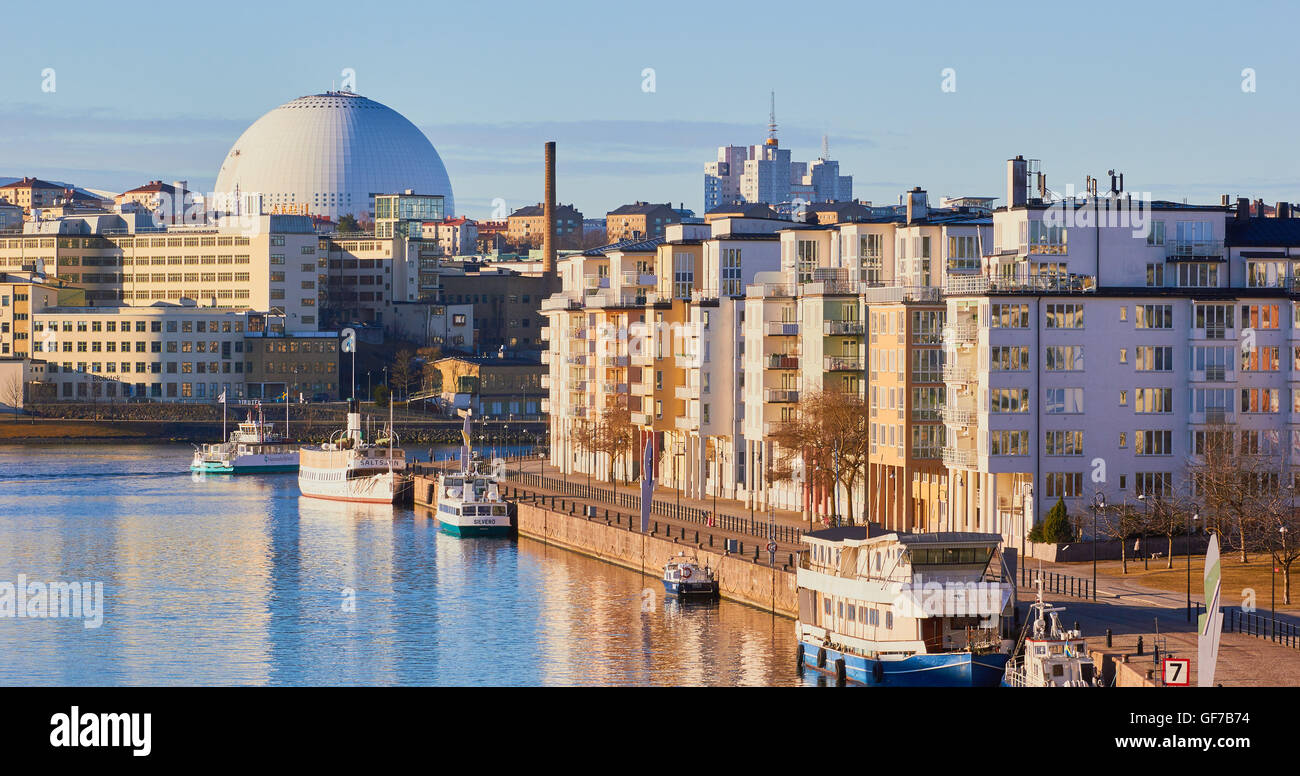 Hammarby Sjostad eco Nachbarschaft mit Ericsson Globe Arena in Stockholm Schweden Skandinavien Stockfoto