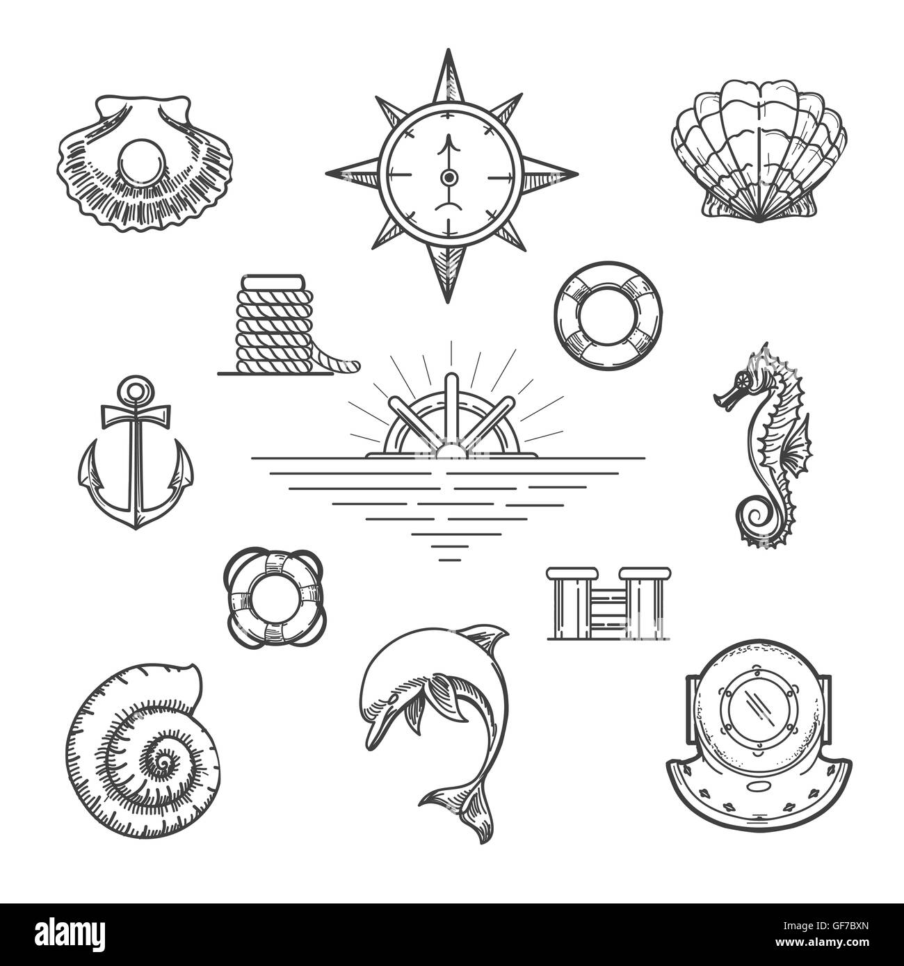Satz von Doodle nautischen Dekorelemente in Hipster-Stil. Hand gezeichnet Delphin Muscheln Seepferdchen Perle Ruder etc.. Stock Vektor