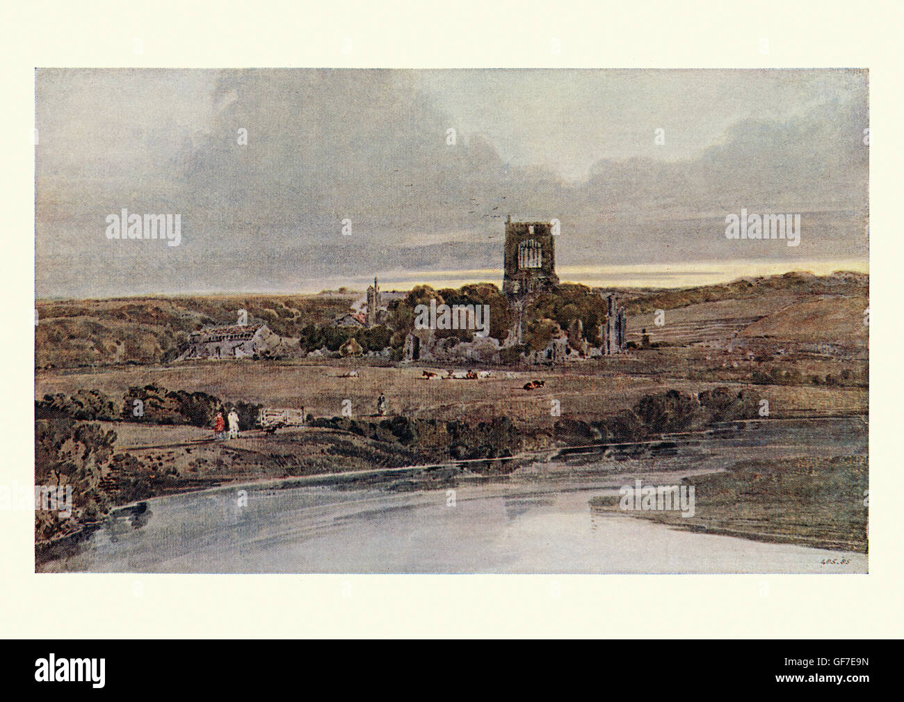 Kirkstall Abbey am Abend, nach dem Aquarell von Thomas Girtin ein englischer Maler und Radierer. Girtin spielte eine Schlüsselrolle in Aquarell als eine seriöse Kunstform zu etablieren. Stockfoto