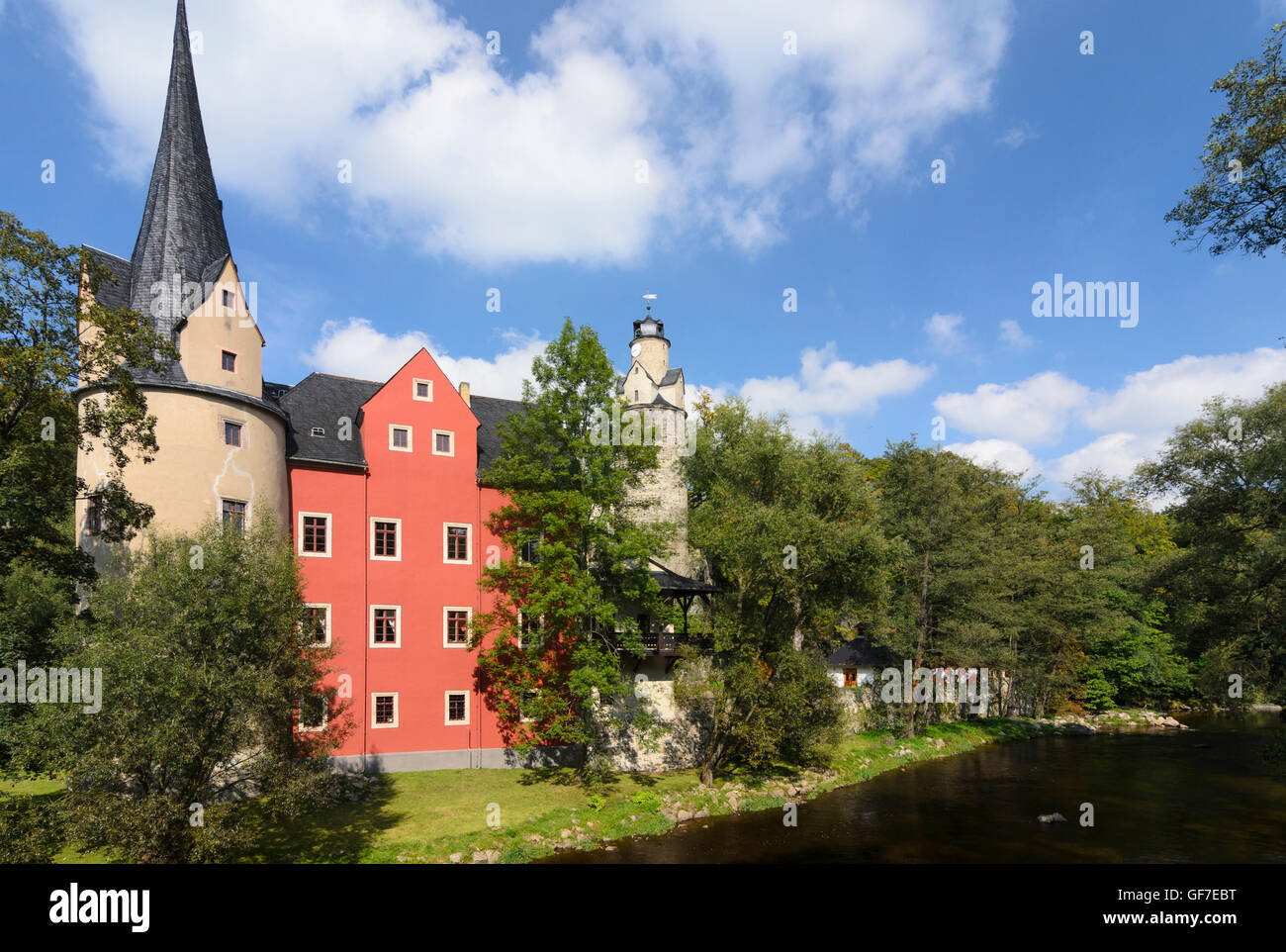 Hartenstein: Stein Schloss am Fluss Zwickauer Mulde, Deutschland, Sachsen, Sachsen, Stockfoto