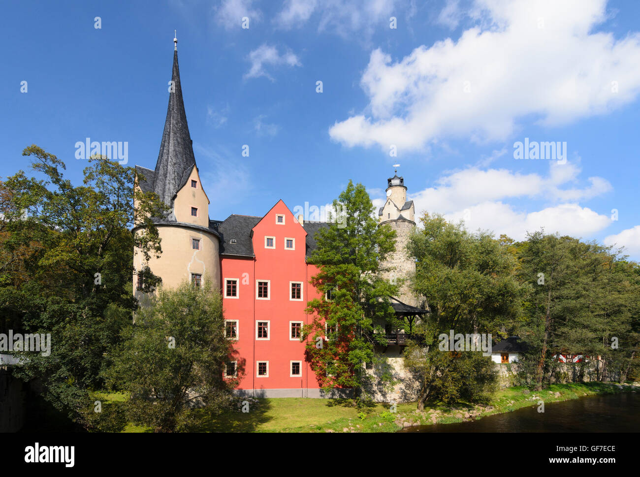 Hartenstein: Stein Schloss am Fluss Zwickauer Mulde, Deutschland, Sachsen, Sachsen, Stockfoto