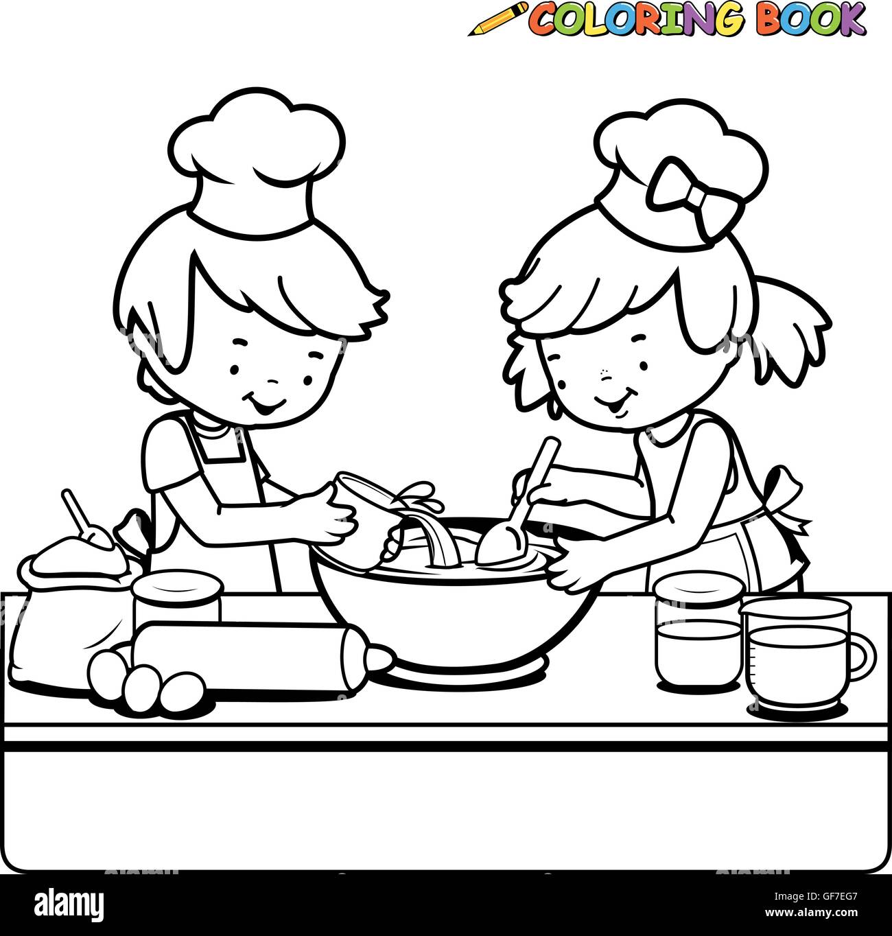 Kinder kochen in der Küche. Kleine Köche, die zu Hause backen. Kochkurs für Kinder. Vektor-Schwarzweiß-Farbseite Stock Vektor