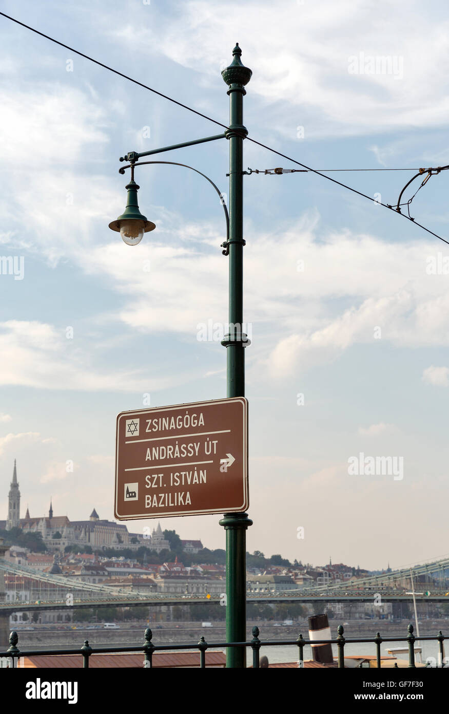 Straße Stadt Wegweiser in Budapest, Ungarn. Vorzeichen gibt Weg zur Synagoge, Saint Stephen Basilica und Andrassy Straße. Stockfoto
