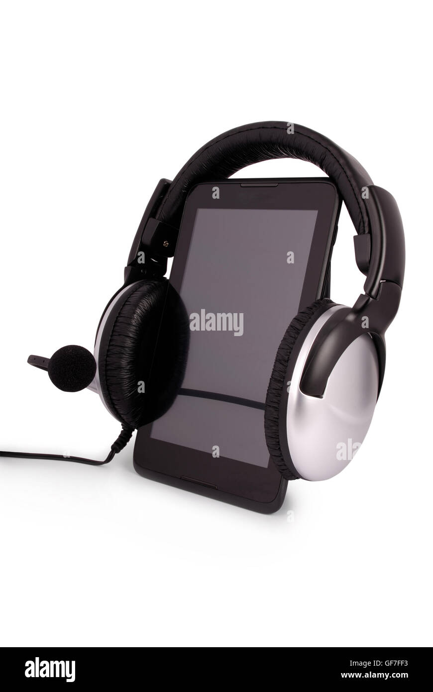 Schwarz Tablet-PC und Kopfhörer isoliert auf weißem Hintergrund. Clipping-Pfad enthalten Stockfoto
