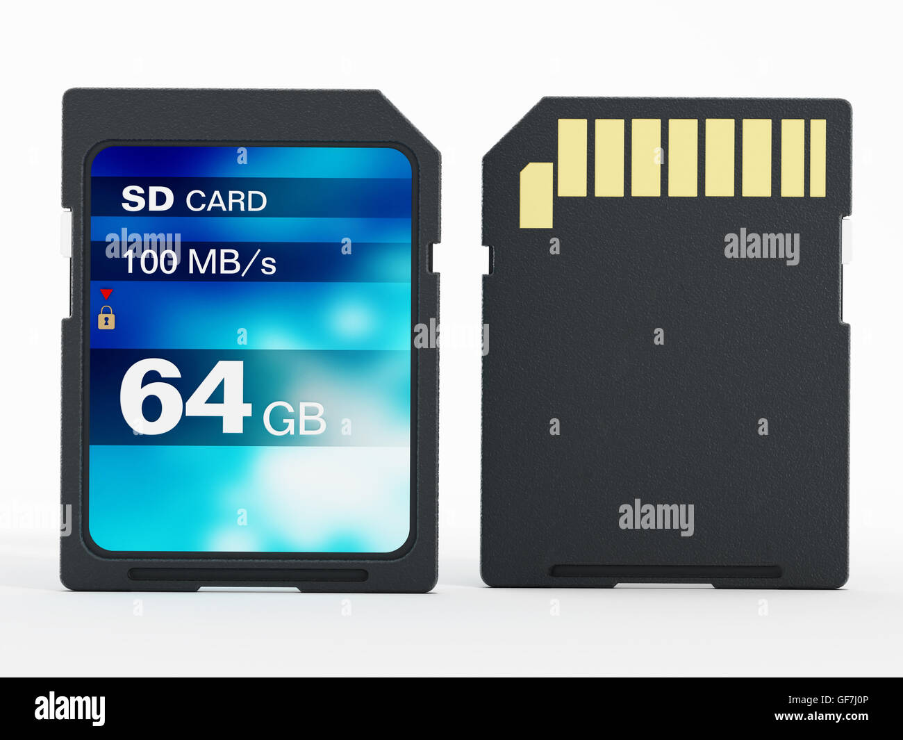 64 GB SD-Karte isoliert auf weißem Hintergrund. 3D Illustration. Stockfoto