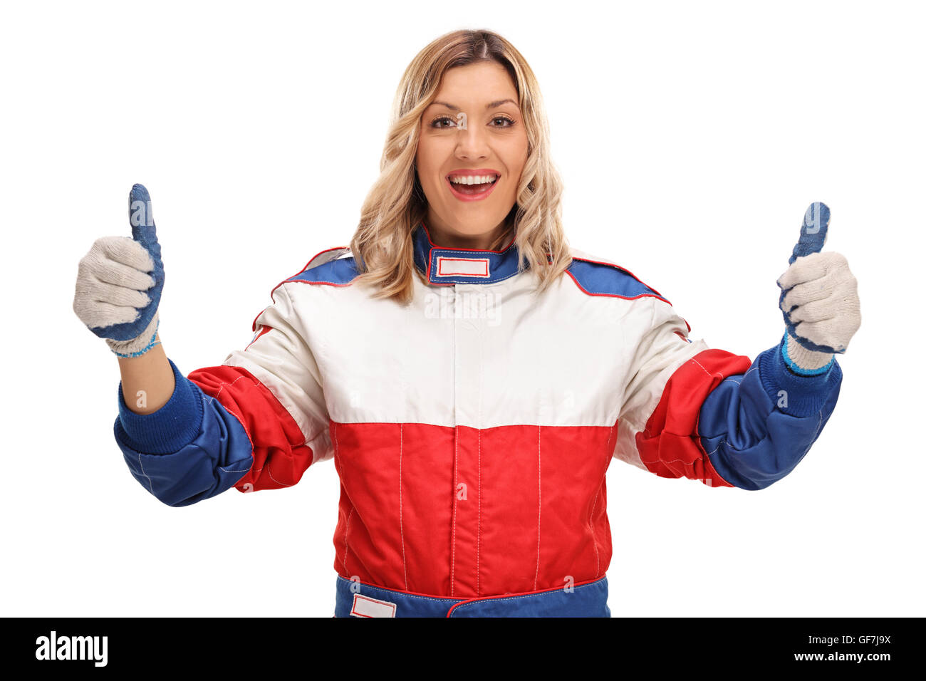Fröhliche weiblichen Rennfahrer macht einen Daumen Geste mit den Händen isoliert auf weißem Hintergrund Stockfoto