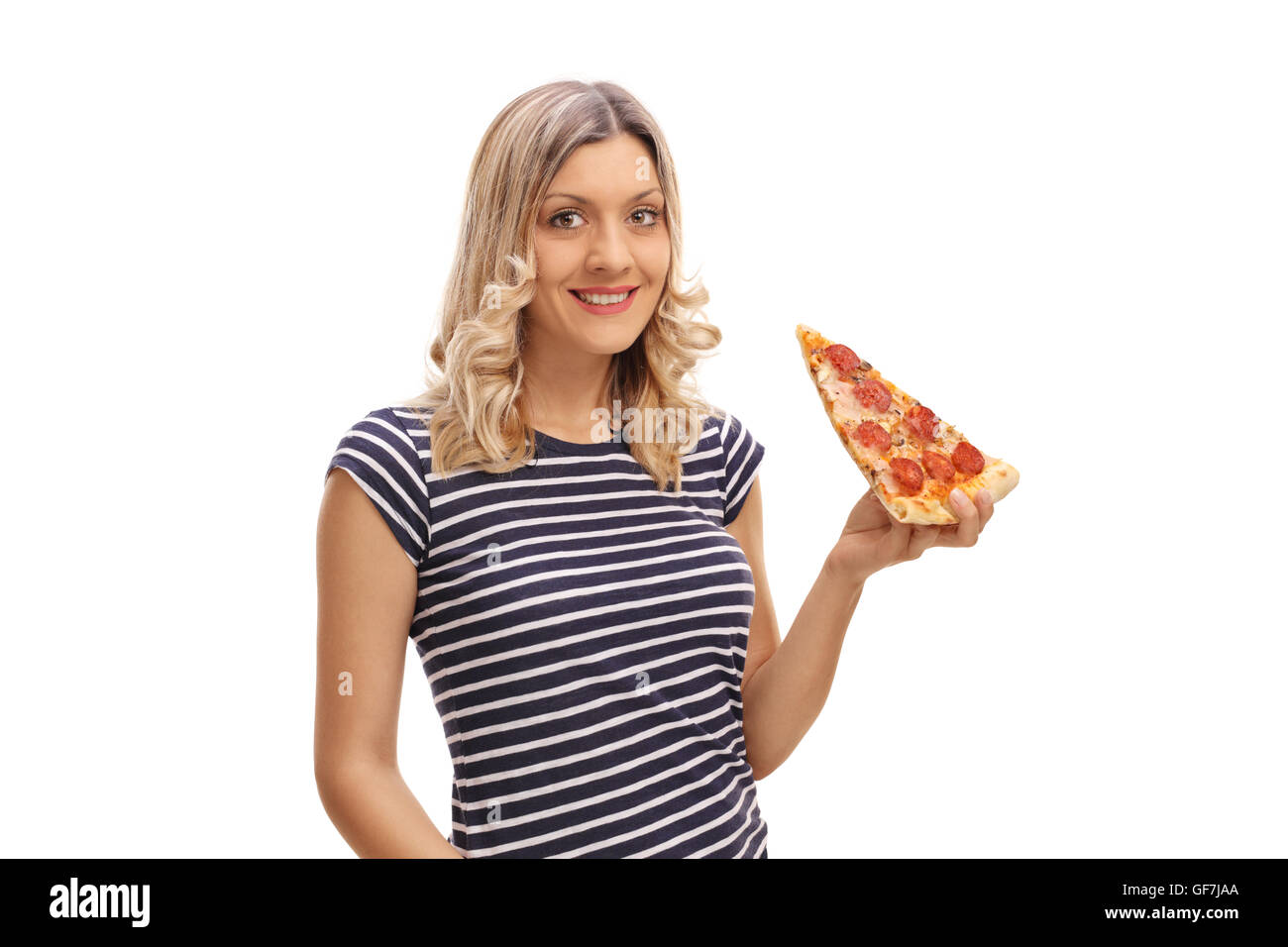 Junge blonde Frau, die ein Stück Pizza isoliert auf weißem Hintergrund Stockfoto
