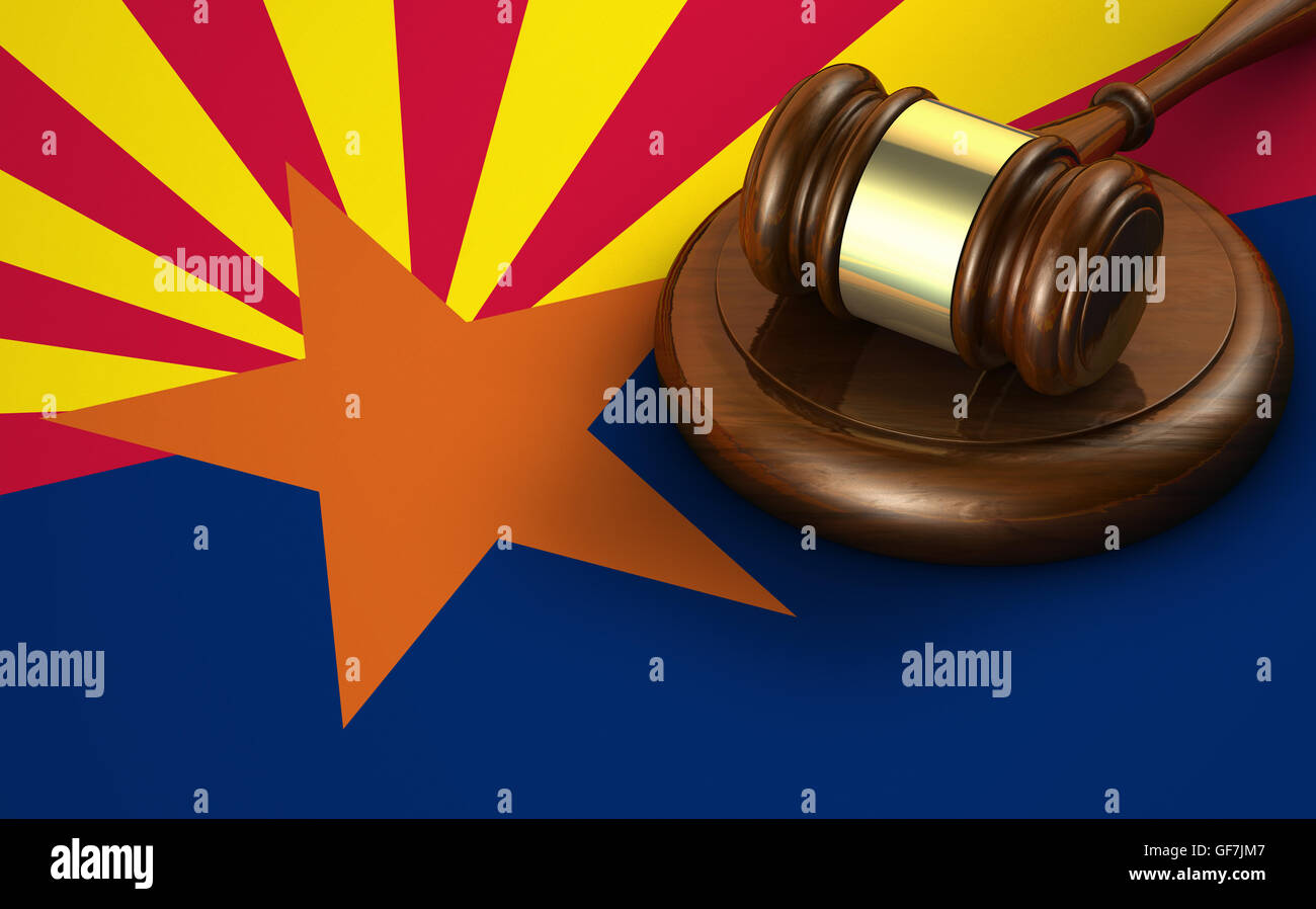 Arizona uns Zustandgesetz, Code, Recht und Gerechtigkeit-Konzept mit einem 3d Rendern von einem Hammer auf die Arizonas Flagge im Hintergrund. Stockfoto