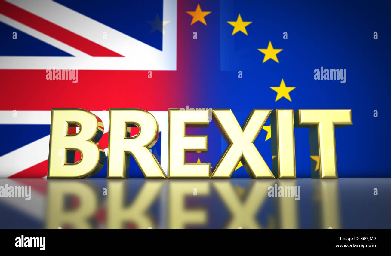 Brexit britischen Referendum UK Konzept mit golded Zeichen und Union Jack und EU-Fahne mit Ausblendeffekt auf Hintergrund. Stockfoto
