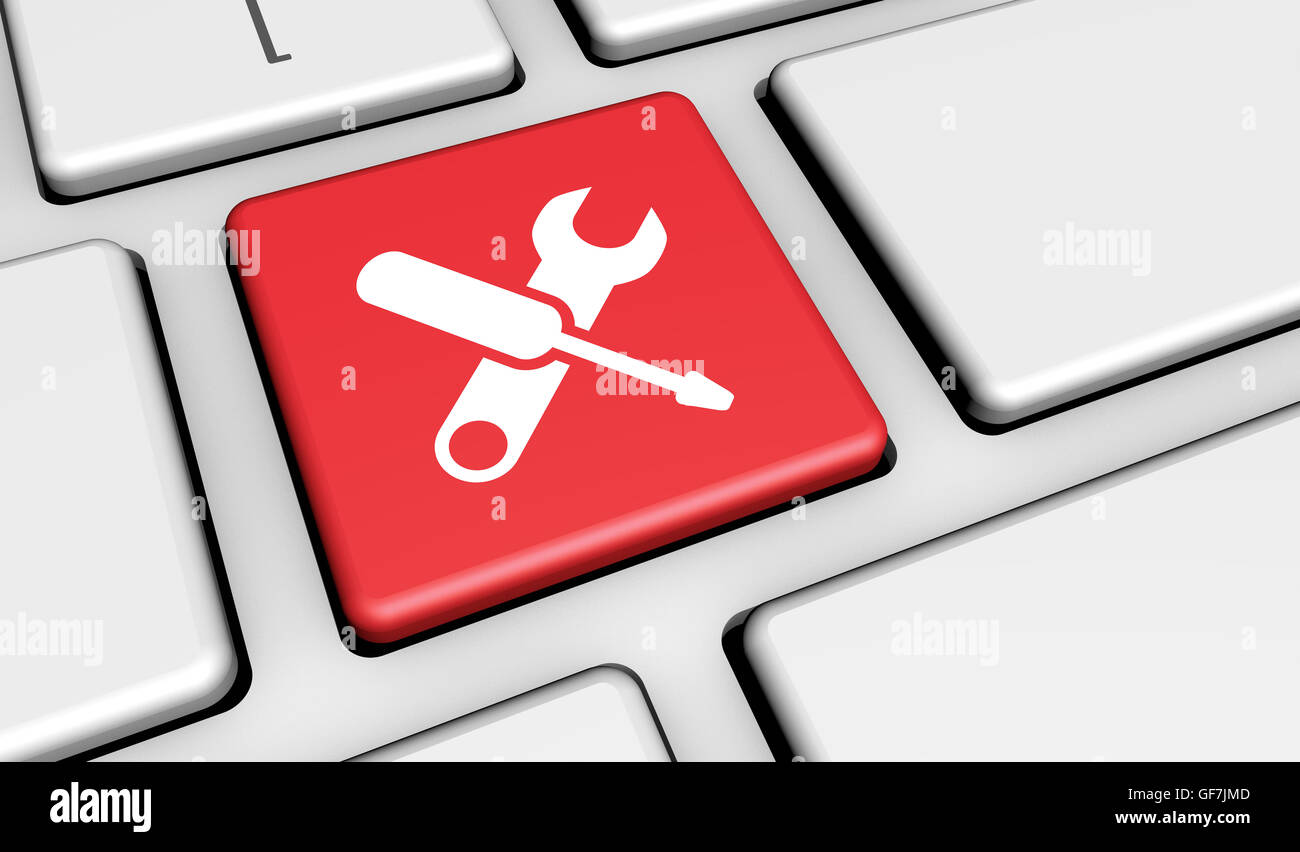Computer-Reparatur-Service-Konzept mit Arbeit Werkzeuge Ikonen und Symbol auf einer Computer-Tastatur 3D Illustration. Stockfoto