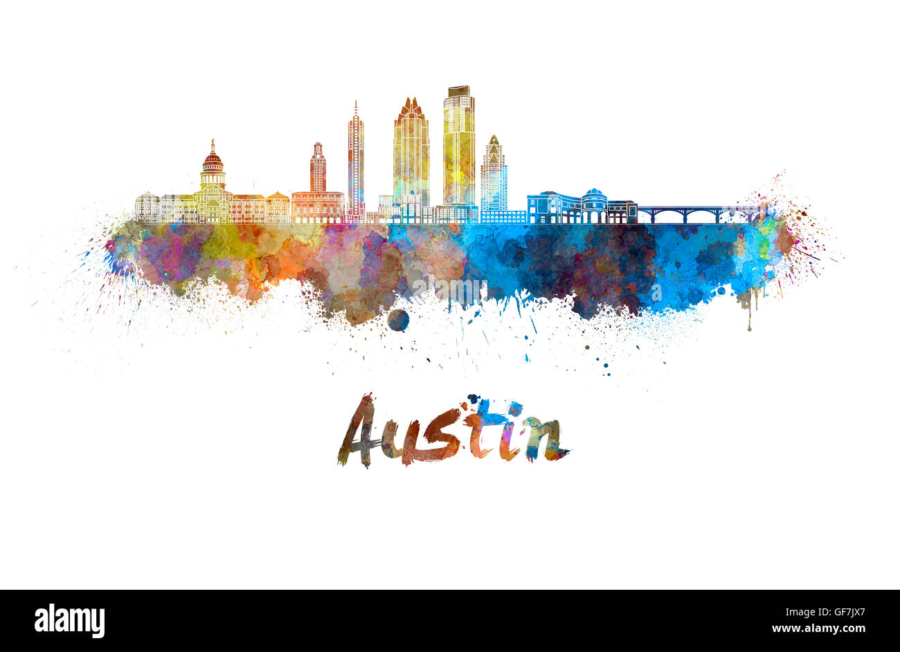 Skyline von Austin in Aquarell Spritzer mit Beschneidungspfad Stockfoto