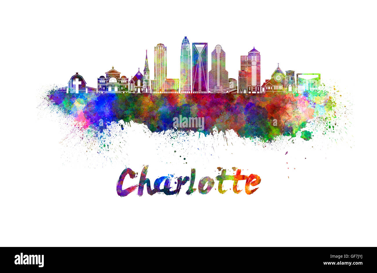 Skyline von Charlotte in Aquarell Spritzer mit Beschneidungspfad Stockfoto