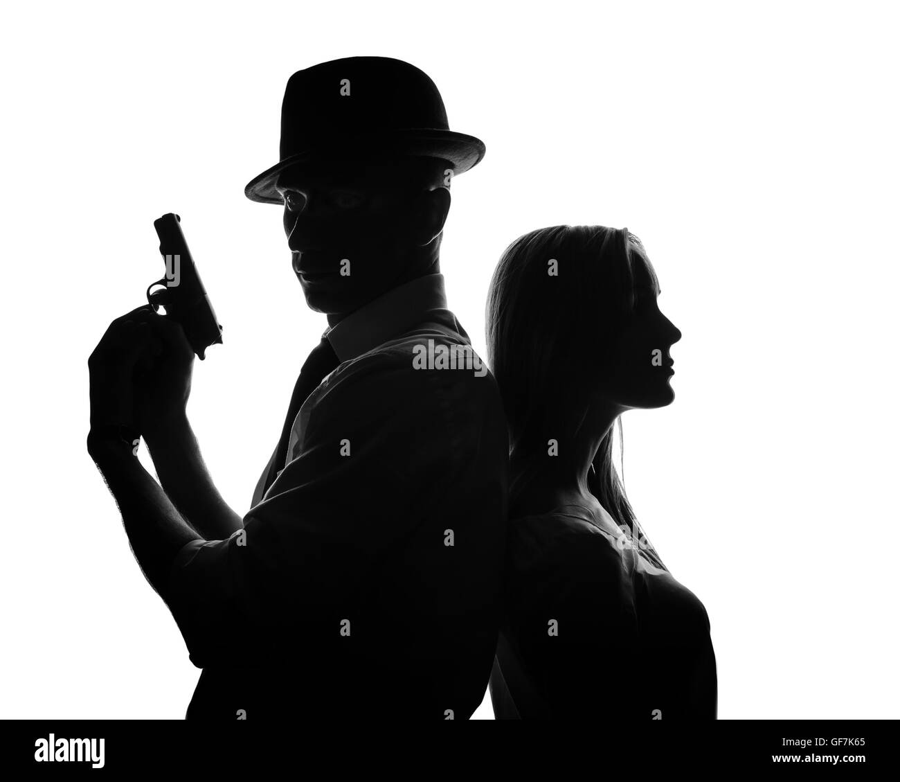 Silhouette des Detektivs mit schönen Frau isoliert auf weißem Hintergrund Stockfoto
