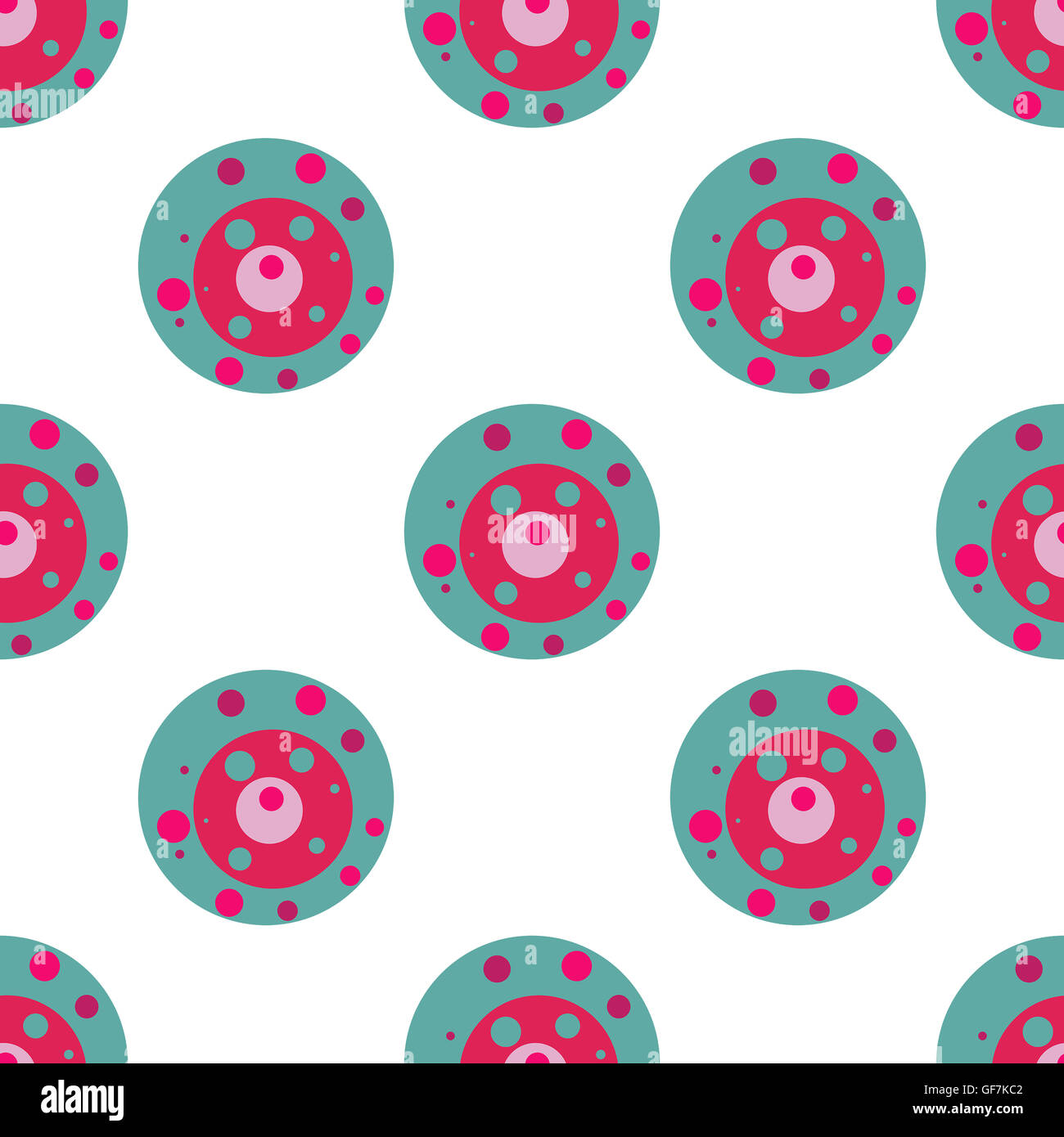 Retrolook blau und rosa Kreise in einem gefliesten nahtlose Muster auf weißem Hintergrund quadratische format Stockfoto
