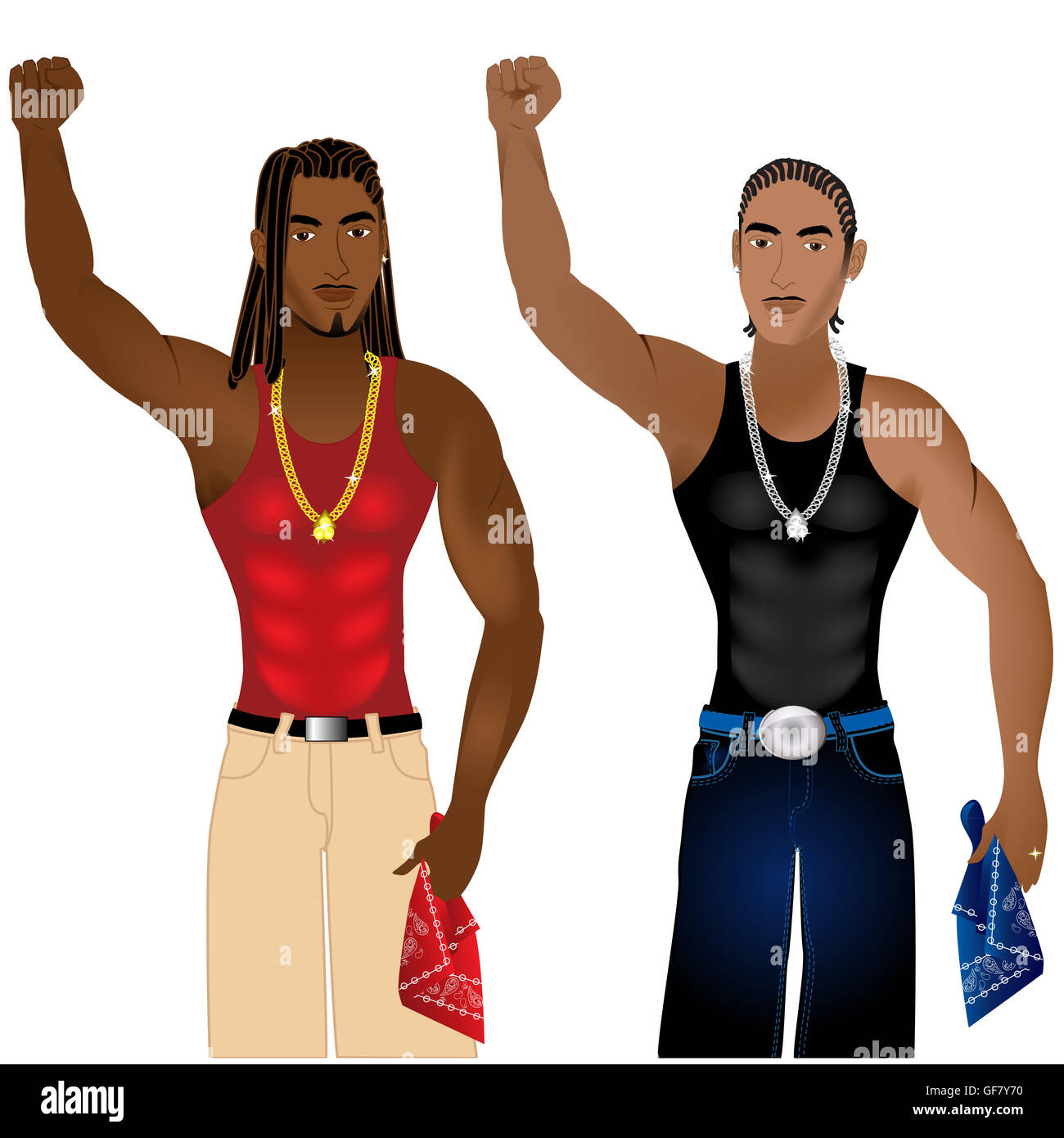 Vektor-Illustration von zwei Banden, die in der Einheit in einem gewaltfreien Protest für Gerechtigkeit stehen. Stockfoto