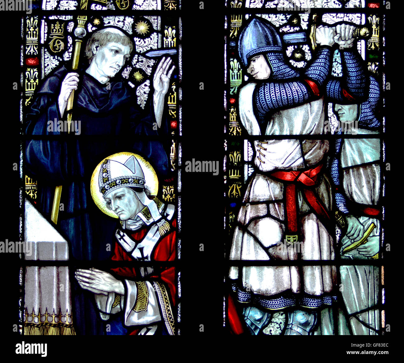 Canterbury, Kent, UK. St. Thomas von Canterbury römisch-katholische Kirche. Glasmalerei-Fenster; Martyrium von Thomas ein Becket Stockfoto