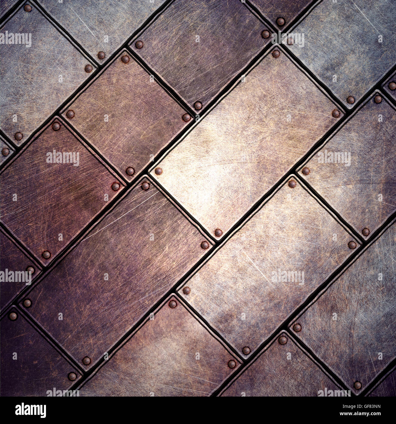 Grunge Metallplatte mit Pin 3d Illustration. Hintergrund und Textur. Stockfoto
