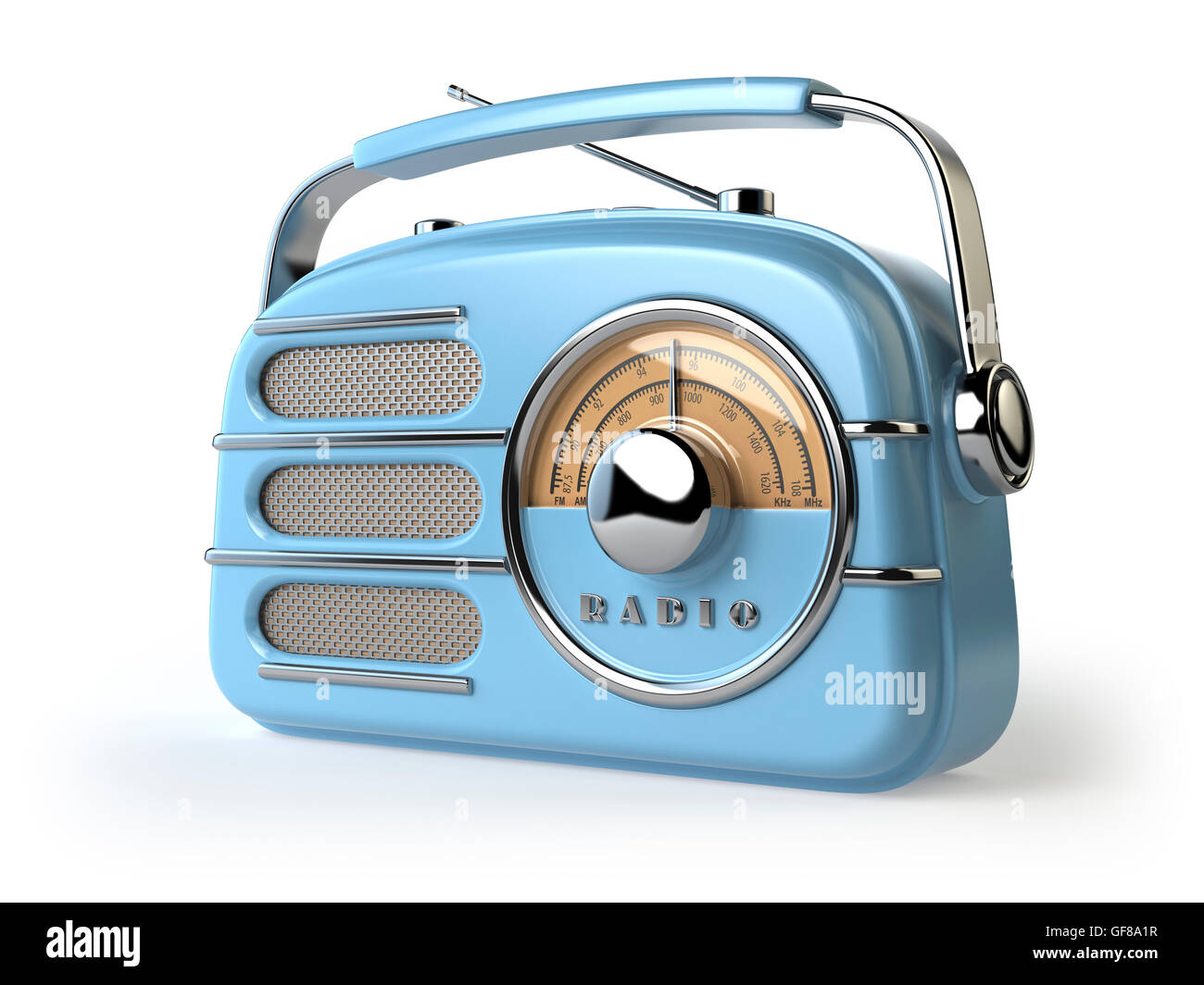 Blaues Vintage Retro-Funk-Empfänger isoliert auf weiss. 3D illustration Stockfoto