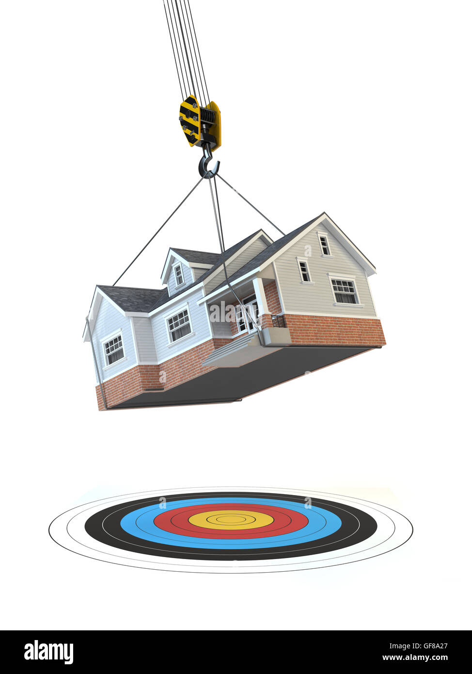Wohnortwechsel. Kran mit Haus und Ziel isoliert auf weiss. Wechsel des Wohnsitzes. Immobilien-Konzept. 3D illustration Stockfoto