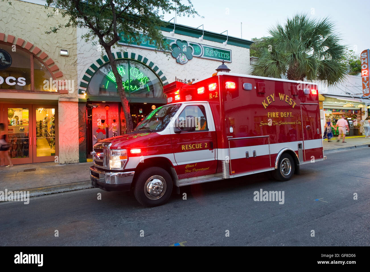 KEY WEST, FLORIDA, USA - 2. Mai 2016: LKW der Feuerwehr in der Duval Street in Key West in Florida Stockfoto