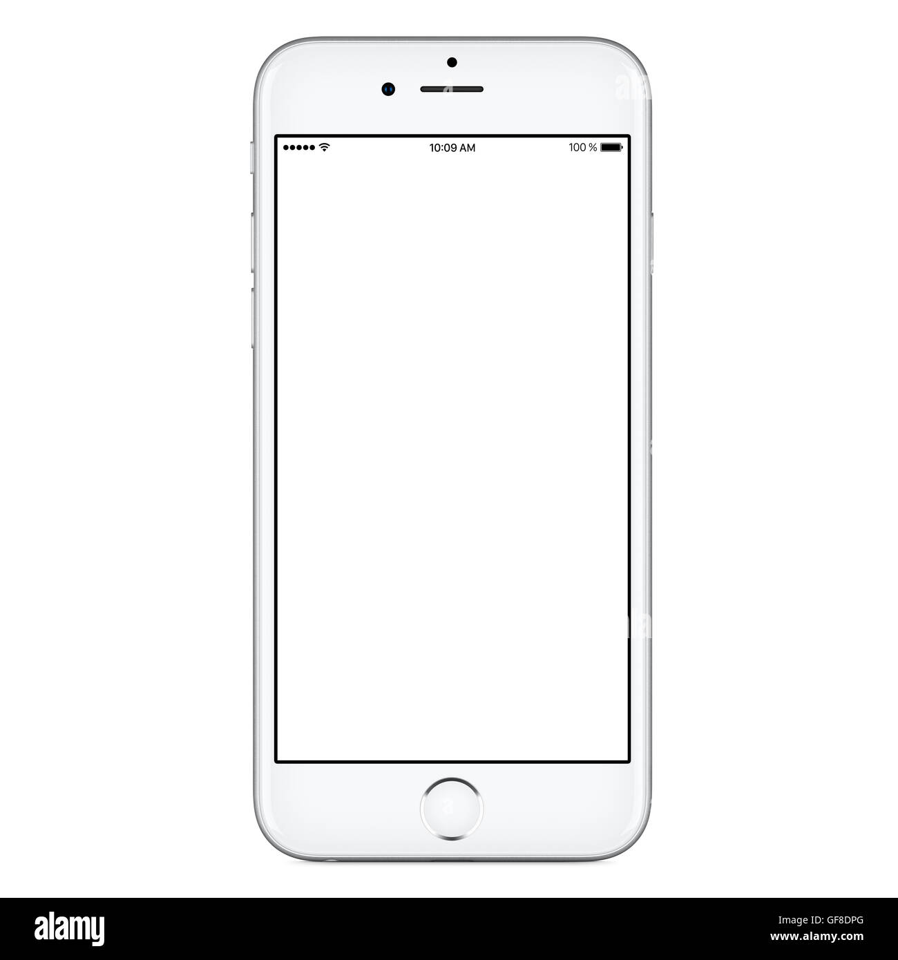 Direkt Vorderansicht ein moderne weiße mobile Smartphone-Modell mit unbelegten Schirm isoliert auf weißem Hintergrund. Stockfoto