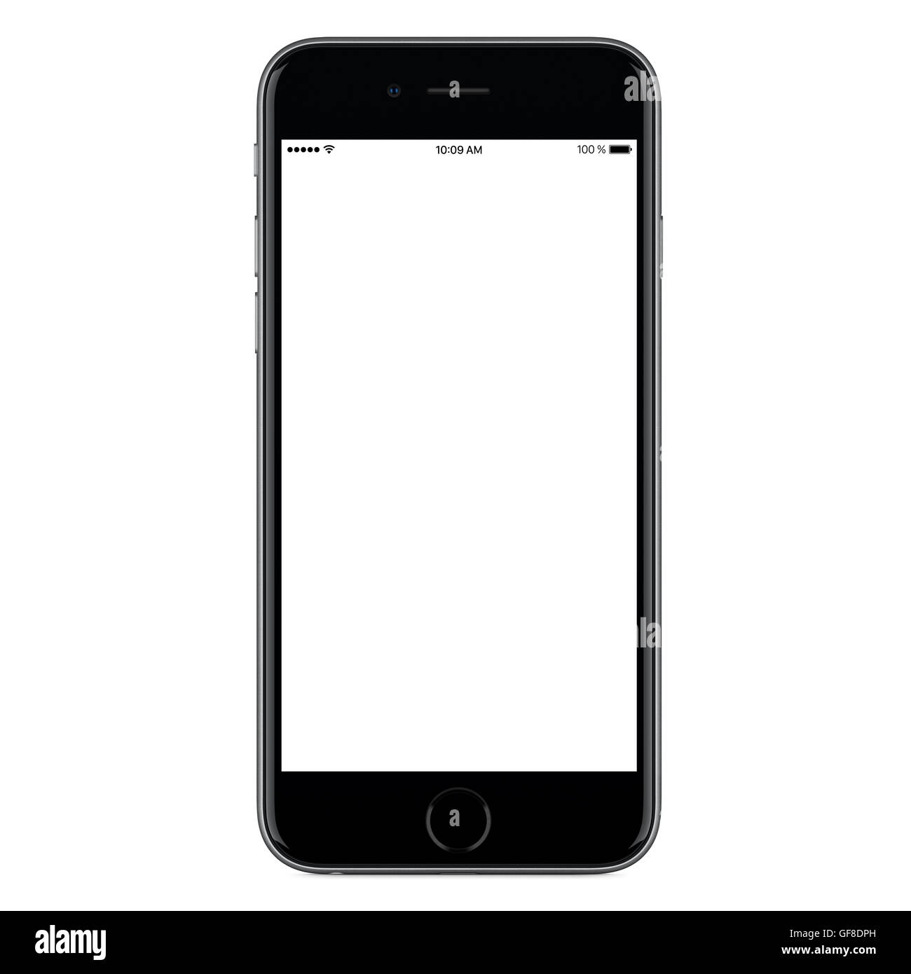 Direkt Vorderansicht eine moderne schwarze mobile Smartphone-Modell mit unbelegten Schirm isoliert auf weißem Hintergrund. Stockfoto