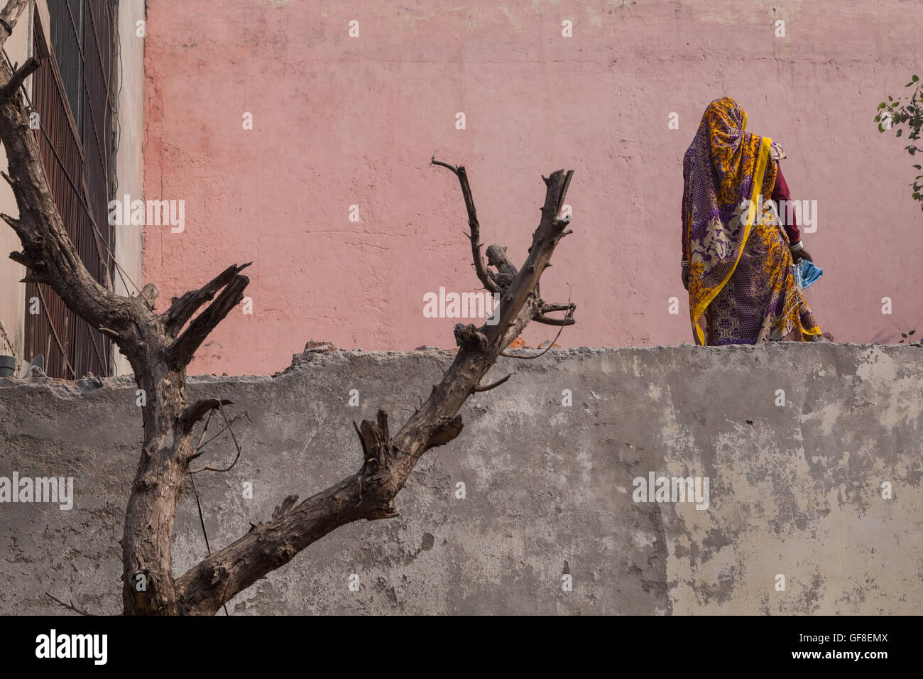 Eine künstlerische Darstellung einer indischen Frau, die Arbeiten im zweiten Stock eines Gebäudes in New Delhi, Indien. Stockfoto