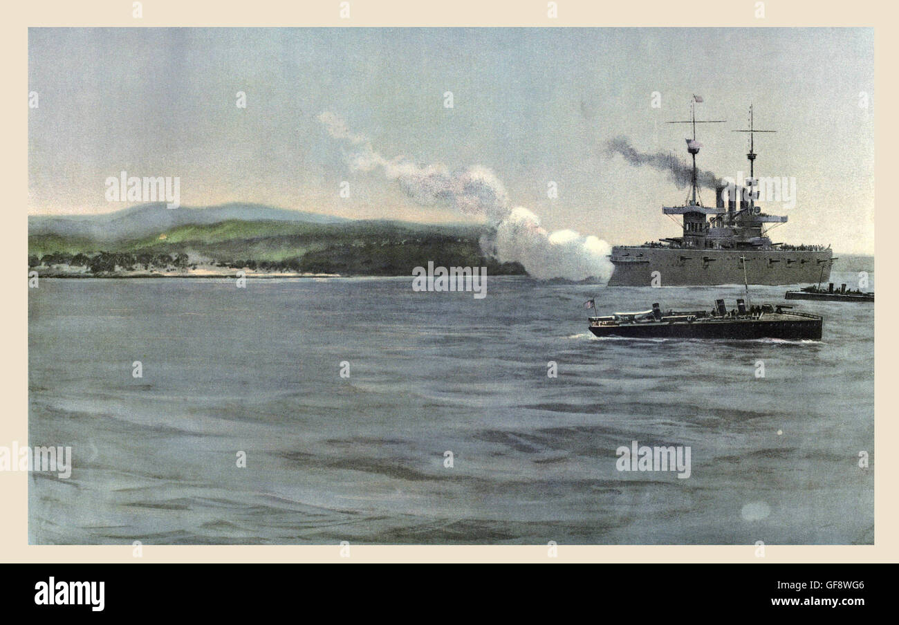 Flaggschiff Admiral Sampson, zwingt der gepanzerte Kreuzer USS New York, feuern auf Spanisch aus Cabanas, Kuba, 29. April 1898 während des Spanisch-Amerikanischen Krieges. Stockfoto