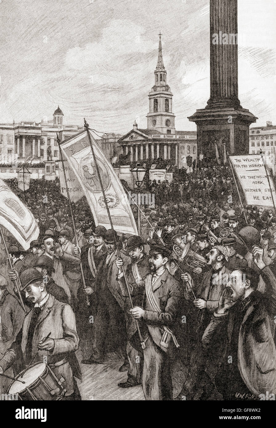 Öffentliche Sitzung am Trafalgar Square in London im Jahre 1892 anlässlich des Jahrestages des Bloody Sunday 1887 anzugreifen wenn eine kombinierte Polizei und Militär gegen eine Menge Protestierende britischen Unterdrückung in Irland und Arbeitslosigkeit links 75 Personen verletzt. Stockfoto