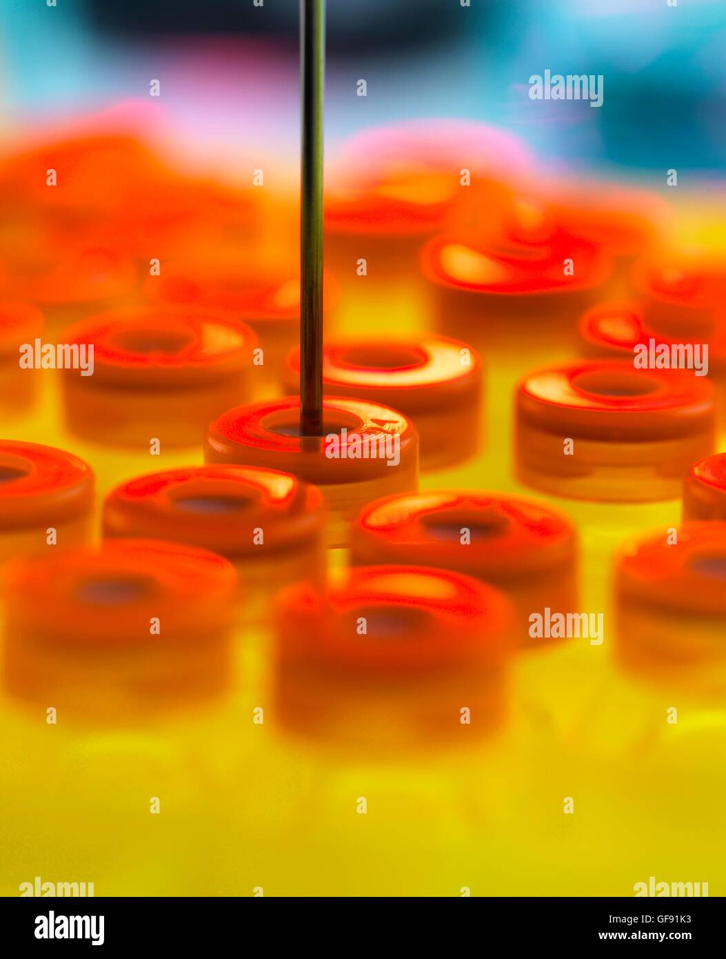 EIGENTUM FREIGEGEBEN. Eine Nadel, eine Probe von DNA (Desoxyribonukleinsäure) aus einem Fläschchen zu nehmen, während der Tests im Labor. Stockfoto