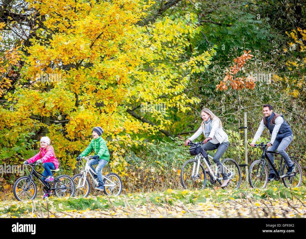 -MODELL VERÖFFENTLICHT. Familie Radfahren zusammen im Herbst. Stockfoto