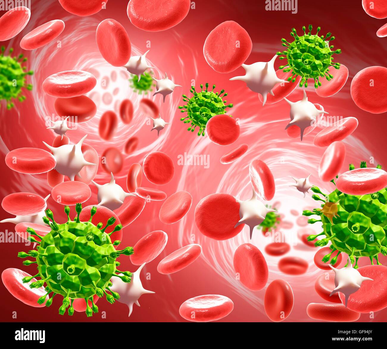 Illustration der HIV-Partikel im Blut. Stockfoto