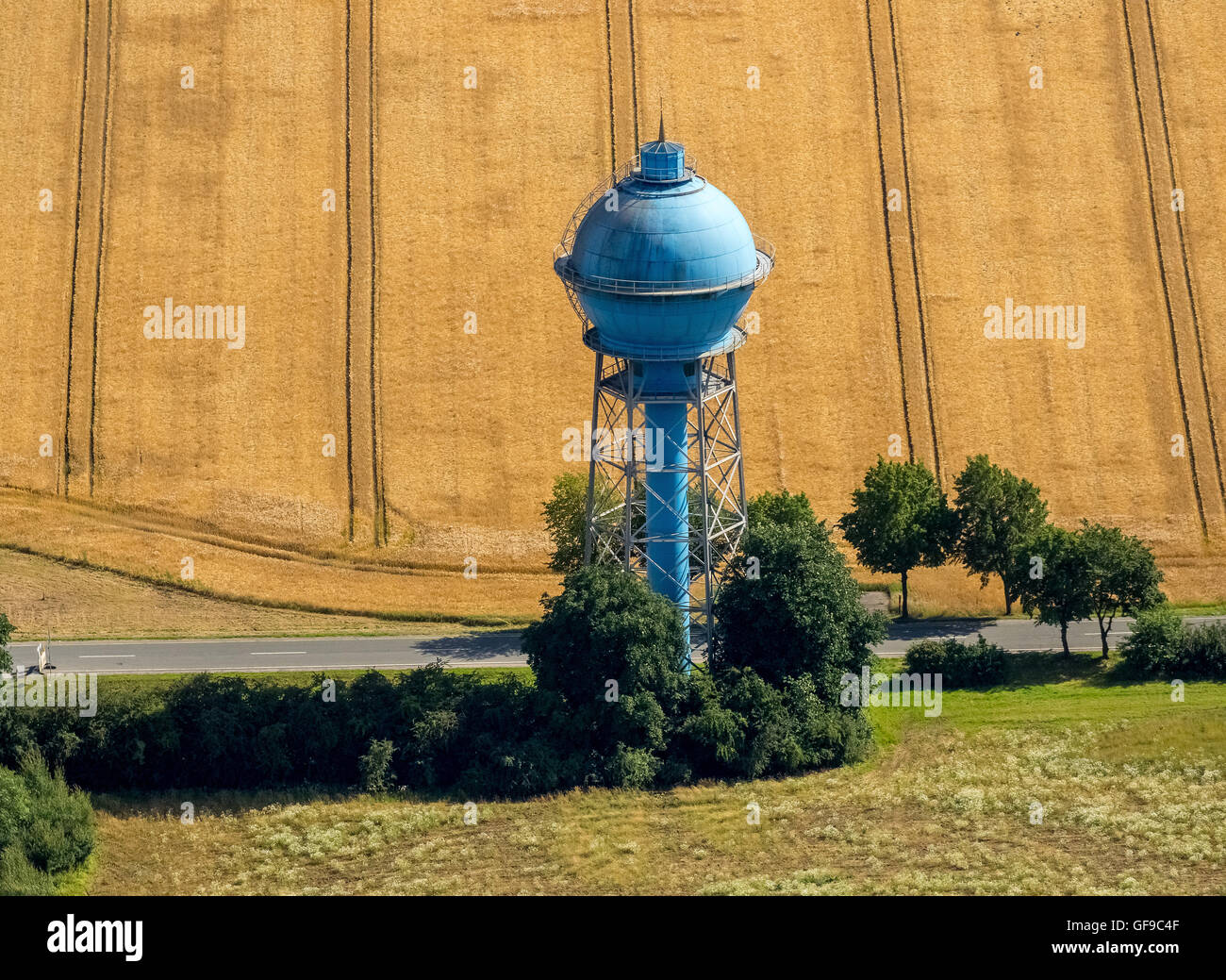 Luftbild, blauen Wasserturm, Ahlen, im Hövenerort Guissener Straße, Denkmal, Industriekultur, Ahlen, Ruhrgebiet, Stockfoto
