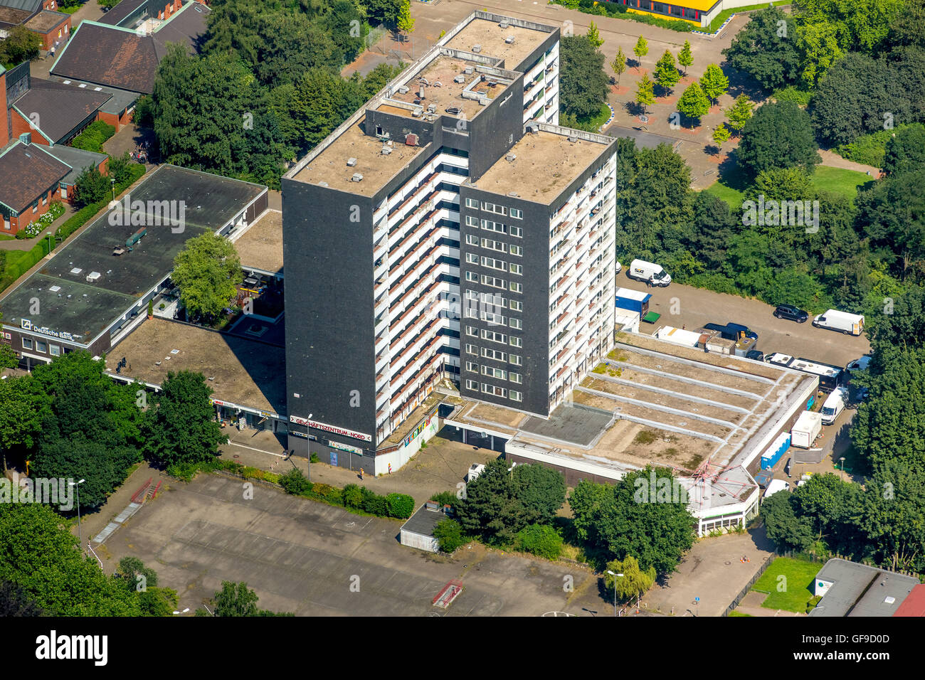 Luftaufnahme, Geiselnahme Gladbeck, ARD-Spielfilm, der Originalschauplatz, Hochhaus Dreharbeiten mieten Ford Norden Schwechater Straße, Stockfoto