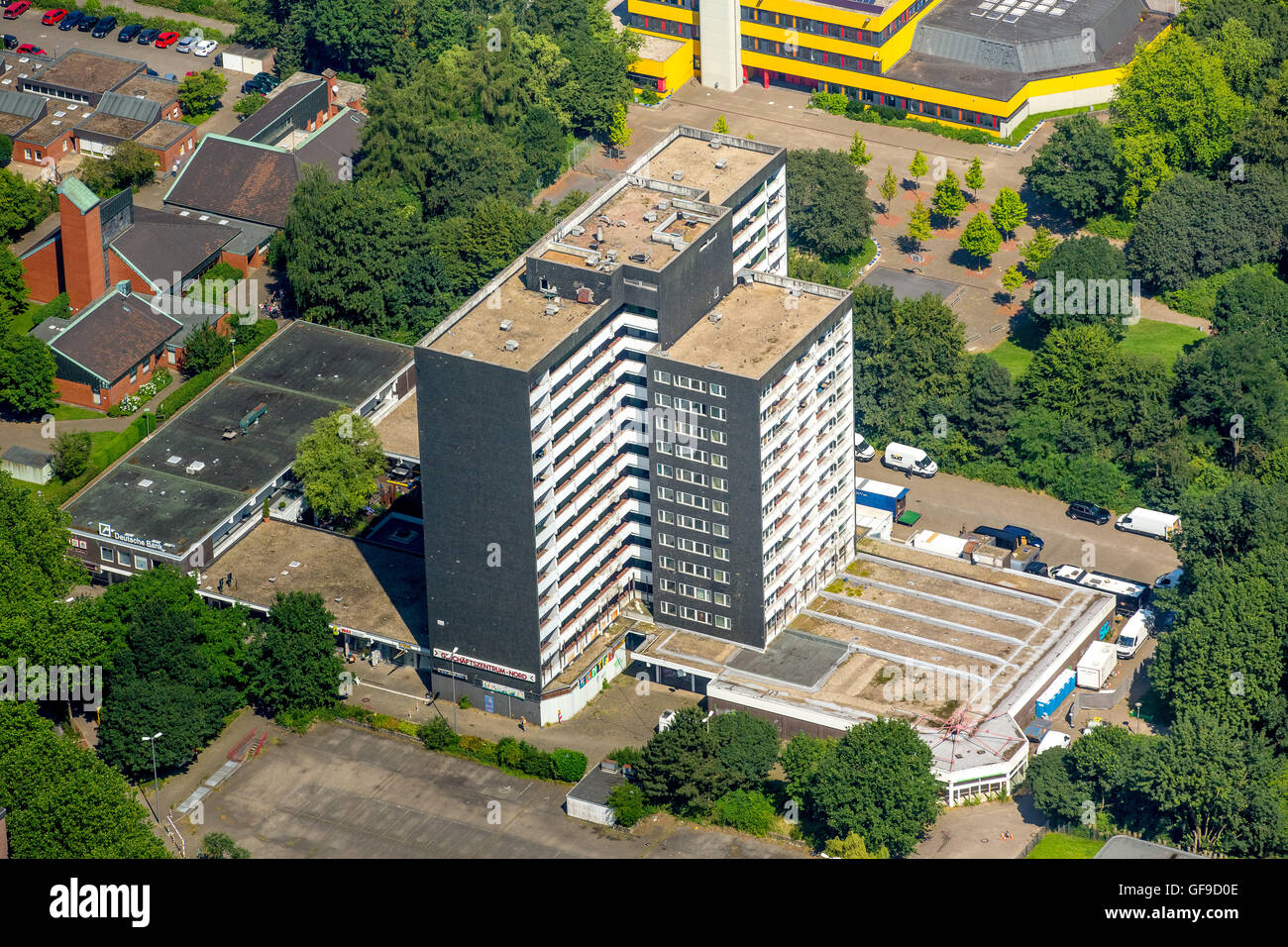 Luftaufnahme, Geiselnahme Gladbeck, ARD-Spielfilm, der Originalschauplatz, Hochhaus Dreharbeiten mieten Ford Norden Schwechater Straße, Stockfoto