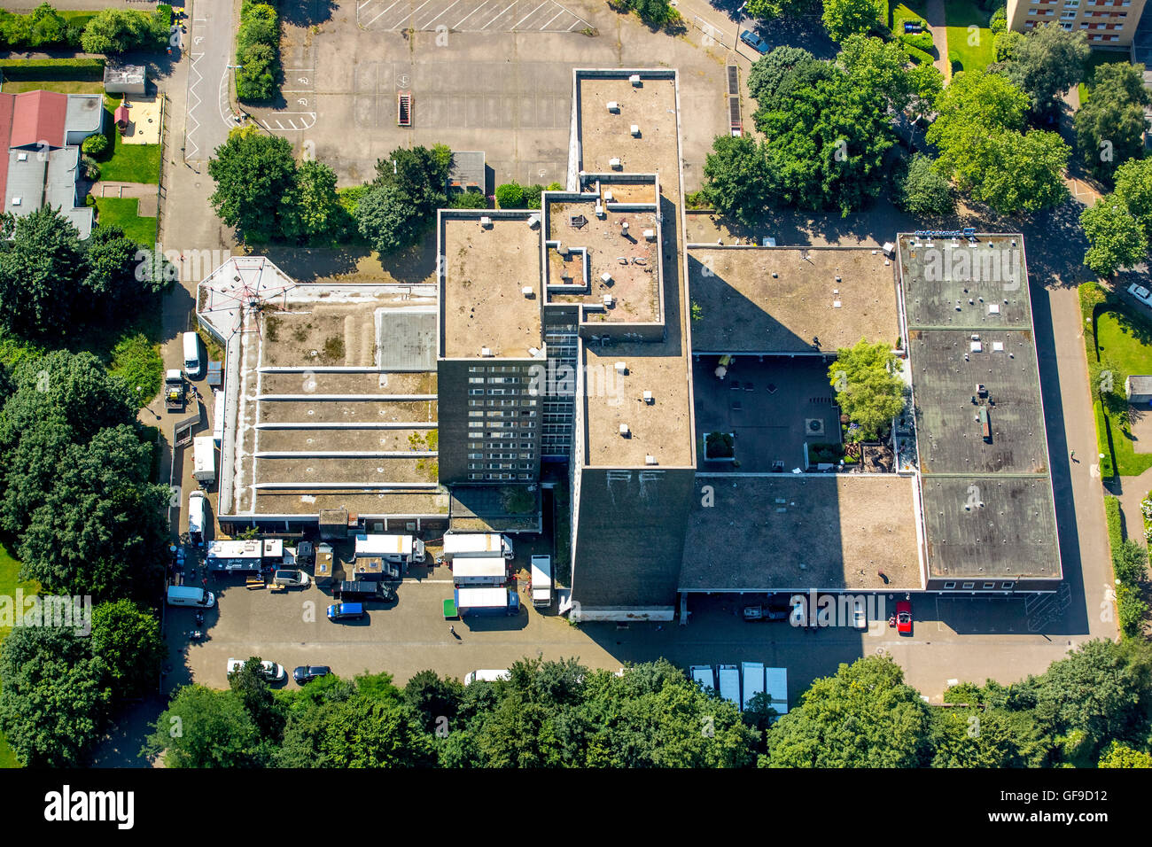 Luftaufnahme, Geiselnahme Gladbeck, ARD-Spielfilm, der Originalschauplatz, Hochhaus Dreharbeiten mieten Ford Norden Schwechater Straße, Stockfoto