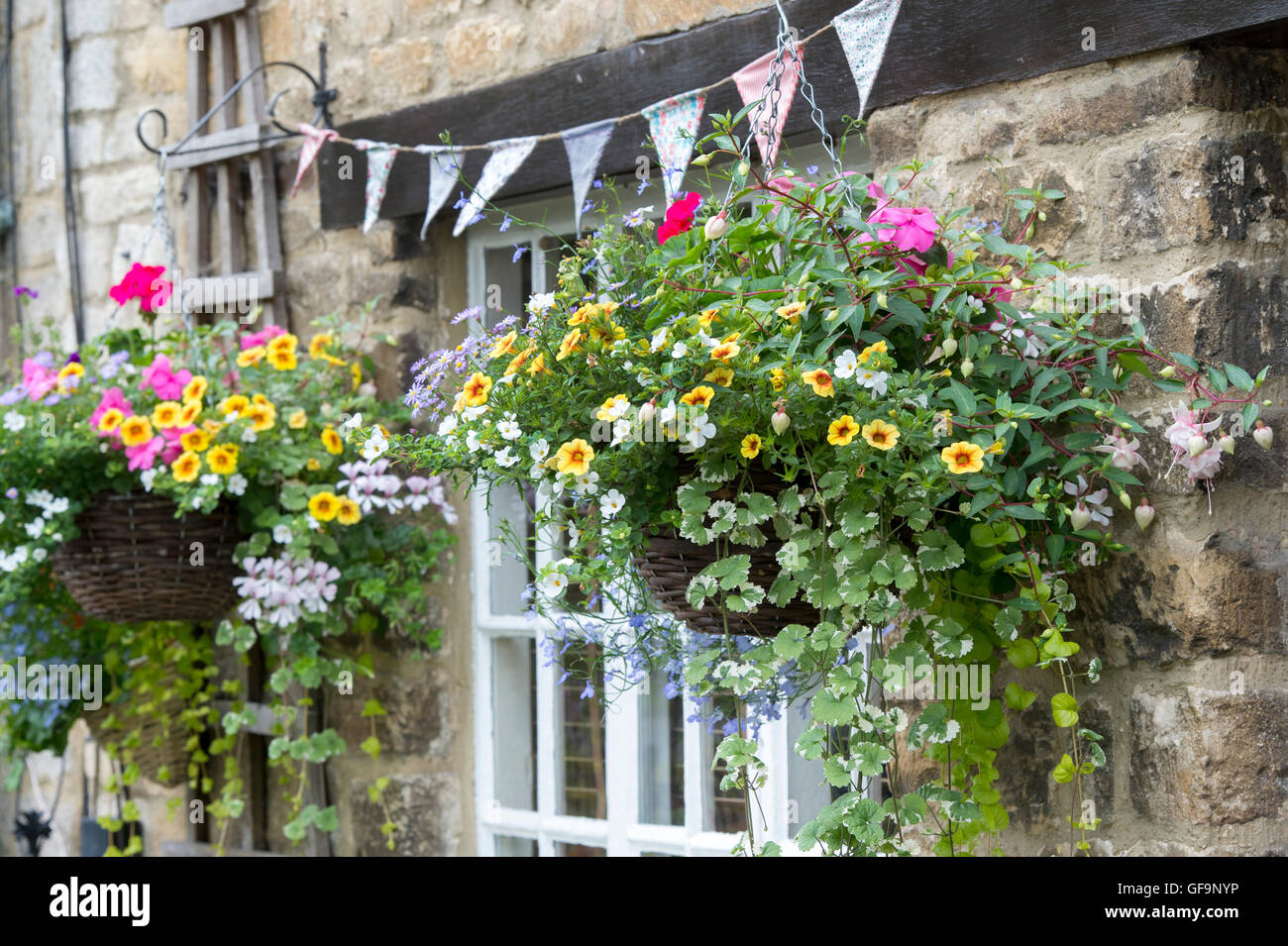 Hängenden Korb Blütenpracht außerhalb einer Hütte in Burford, Oxfordshire, England Stockfoto