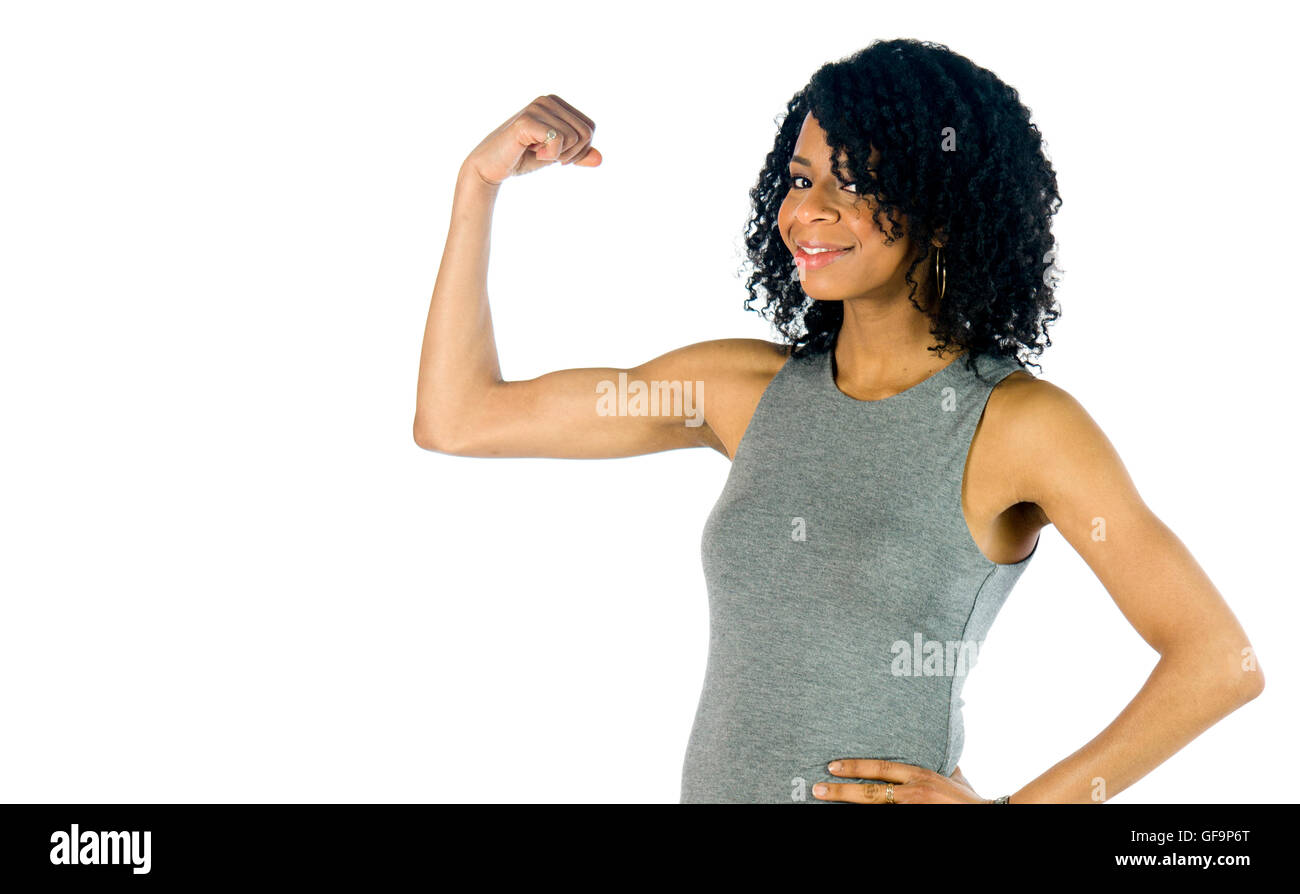 weibliches Model attraktive Frau zeigt Stärke mit Arm-curl Stockfoto