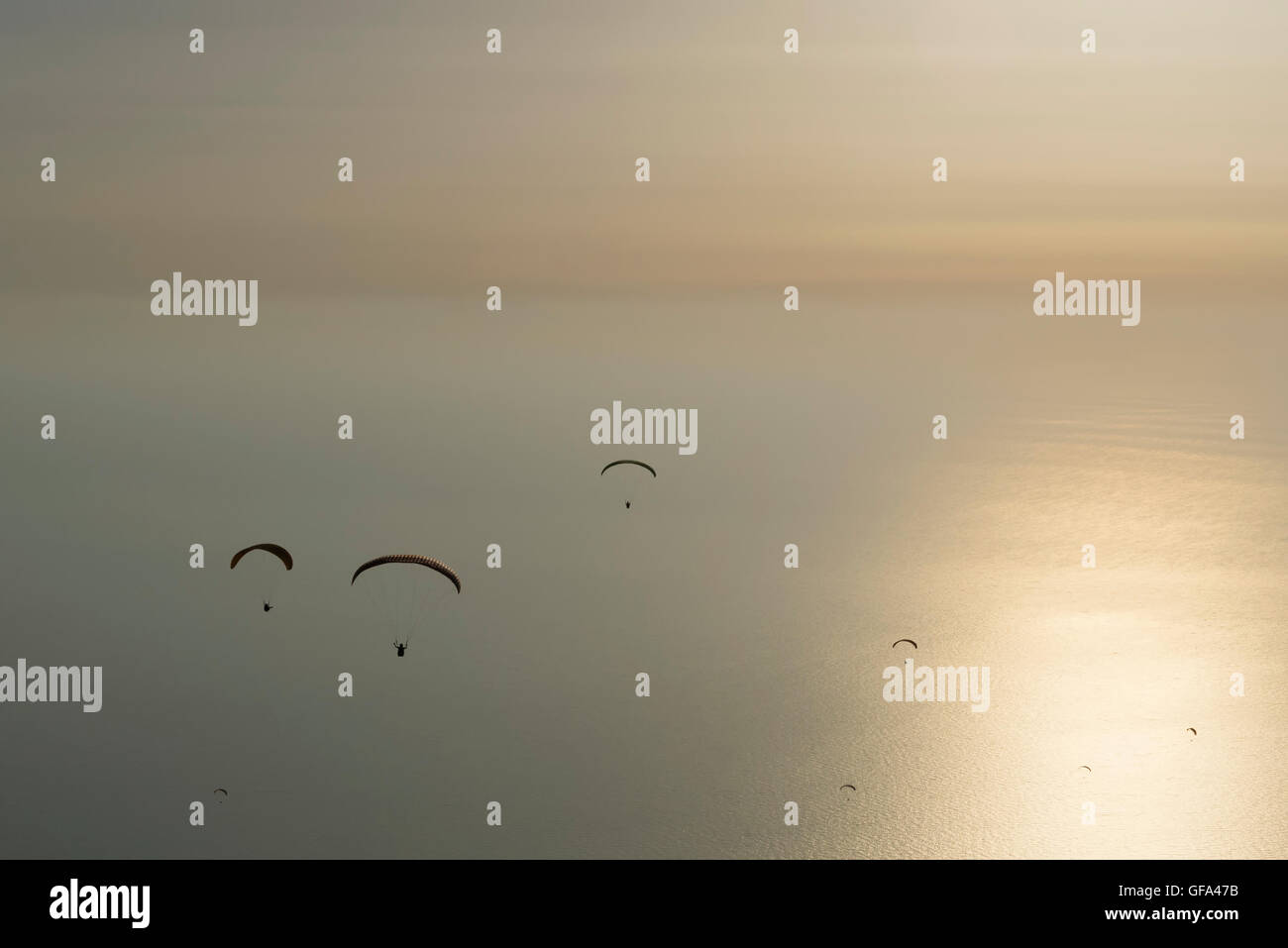 Gleitschirme fliegen während der Sonnenuntergangszeit über das Meer Stockfoto