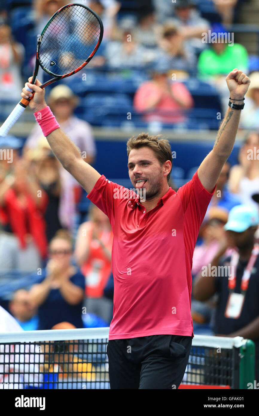 Toronto, Kanada. 29. Juli 2016. Stan Wawrinka der Schweiz feiert Sieg nach dem Viertelfinale Spiel der Herren Einzel gegen Kevin Anderson in Südafrika am 2016 Rogers Cup in Toronto, Kanada, 29. Juli 2016. Stan Wawrinka gewann 2: 0. Bildnachweis: Zou Zheng/Xinhua/Alamy Live-Nachrichten Stockfoto