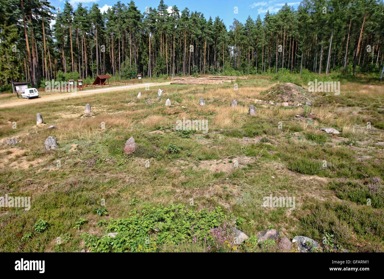 Tratkownica, Polen. , . Sonnigen und warmen Tag im nördlichen Polen Dorf von Tratkownica es gibt guten Grund zu besuchen alte, mysteriöse Friedhof in Tratkownica. Dem Friedhof in Tratkownica durch die Goten im ersten Jahrhundert nach Christus gegründet. Goten kam der kaschubischen Seenplatte aus Skandinavien, mit sich bringt neue Beerdigung Strukturen - Steinhügel umgeben von Kränzen. Zwischen den Hügeln waren Kreise die großen Felsbrocken in die Versammlungen und Gerichte statt. Zwischen den Hügeln waren auch verbrannt und Skelett-Gräber mit verbrannten Knochen. Bildnachweis: Michal Fludra/Alamy Live-Nachrichten Stockfoto