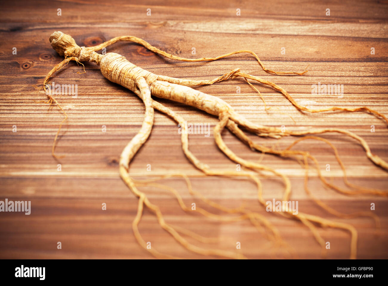 Trocknen von Ginseng auf Holz Hintergrund Stockfoto