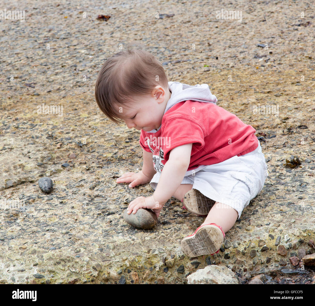 Jungen spielen mit Felsen an der Küste Stockfoto